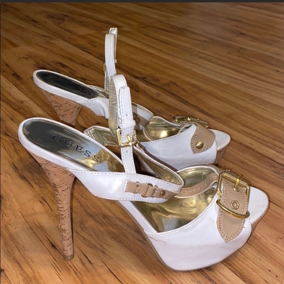 Guess Shoes - Guess cork screw heels, size 7, white and tan